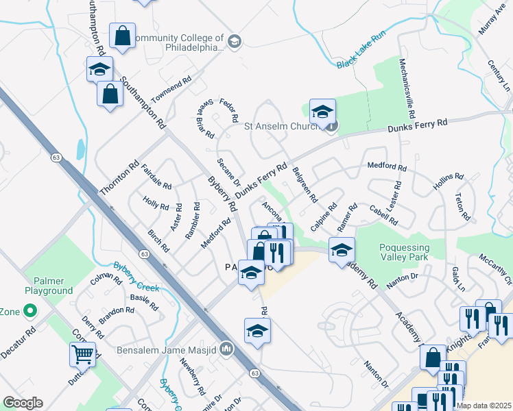 map of restaurants, bars, coffee shops, grocery stores, and more near 3203 Ancona Road in Philadelphia