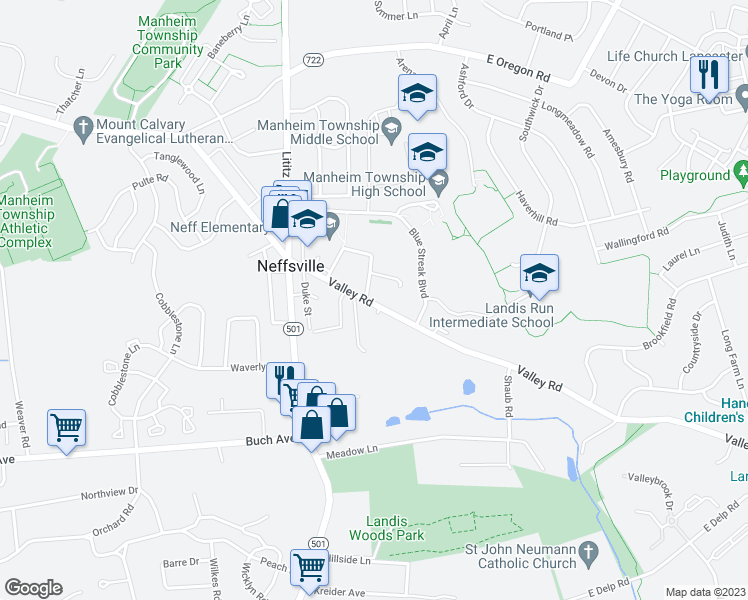 map of restaurants, bars, coffee shops, grocery stores, and more near 93 Valley Road in Lancaster