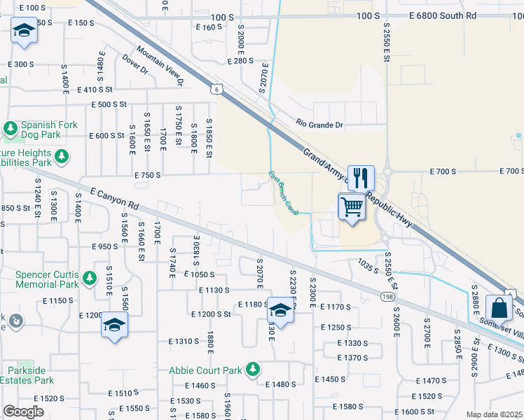 map of restaurants, bars, coffee shops, grocery stores, and more near 2064 East 800 South in Spanish Fork