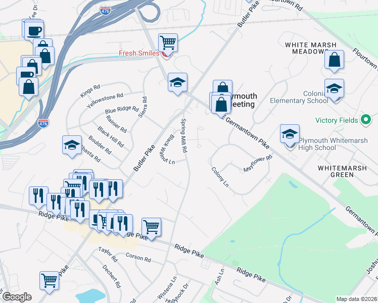 map of restaurants, bars, coffee shops, grocery stores, and more near 1 Tracey Road in Plymouth Meeting