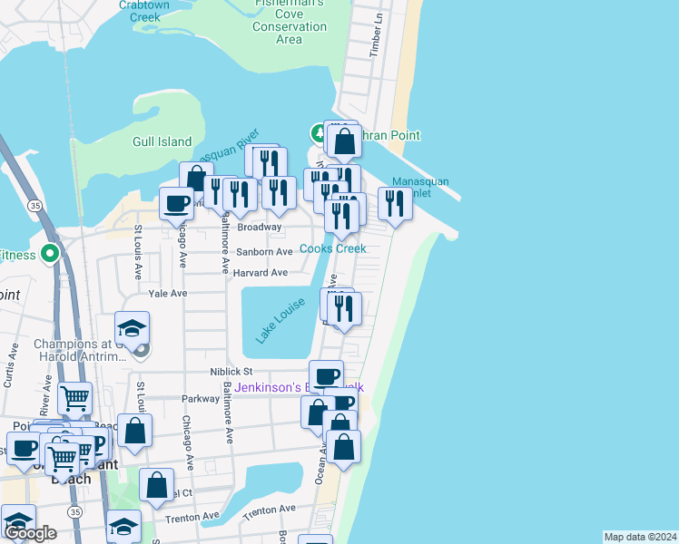 map of restaurants, bars, coffee shops, grocery stores, and more near 112 Randall Avenue in Point Pleasant Beach