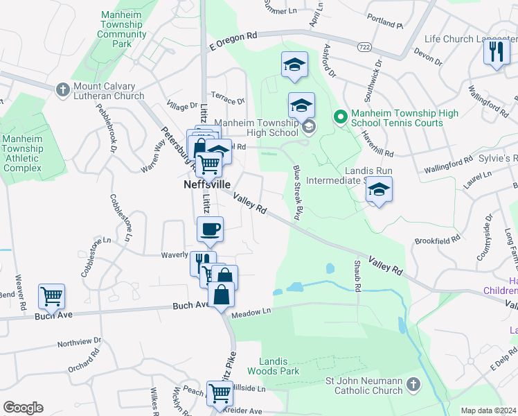 map of restaurants, bars, coffee shops, grocery stores, and more near 85 Valley Road in Lancaster