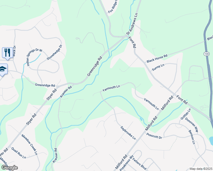 map of restaurants, bars, coffee shops, grocery stores, and more near 38 Yarmouth Lane in Downingtown