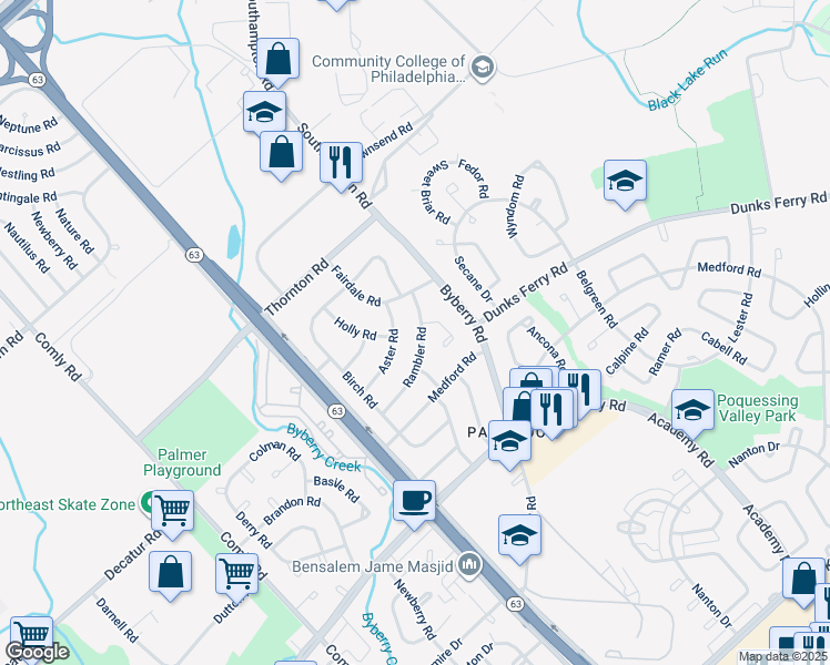 map of restaurants, bars, coffee shops, grocery stores, and more near 12230 Rambler Road in Philadelphia