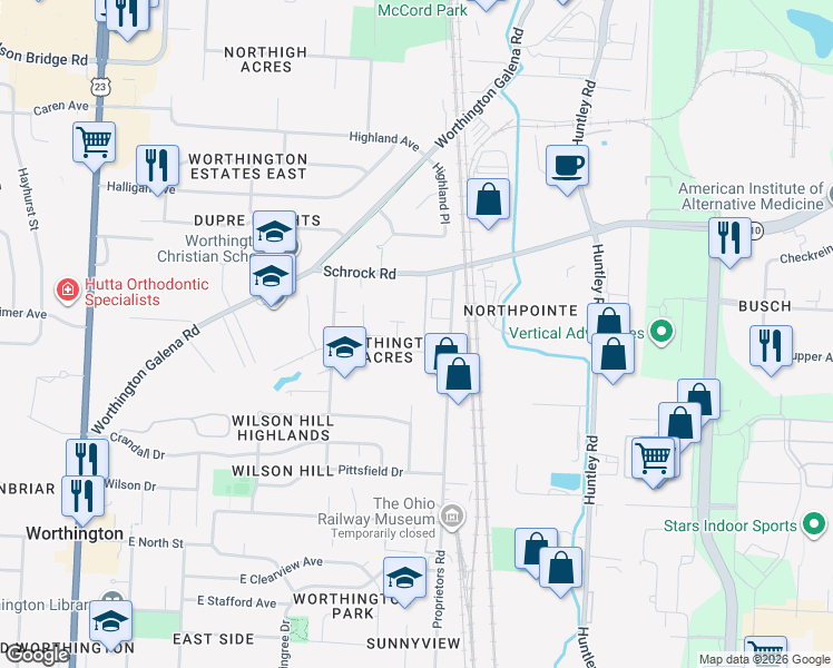 map of restaurants, bars, coffee shops, grocery stores, and more near 429 Schrock Road in Worthington