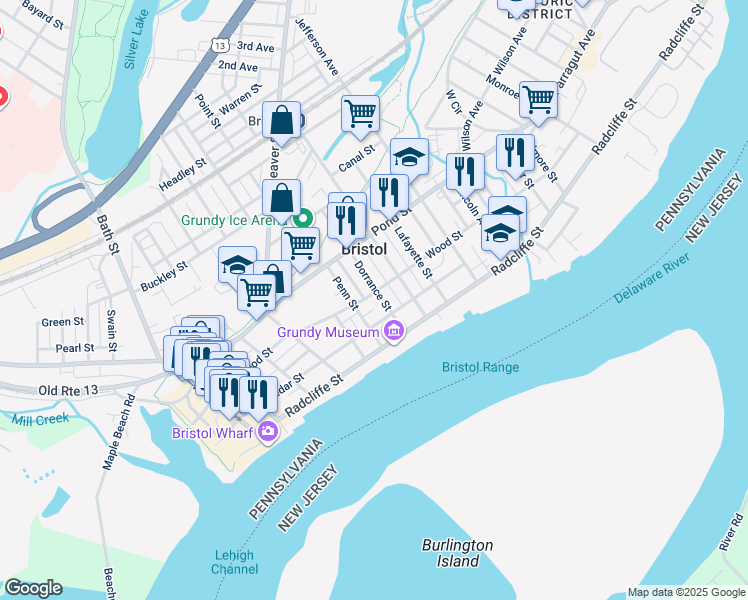 map of restaurants, bars, coffee shops, grocery stores, and more near 310 Dorrance Street in Bristol