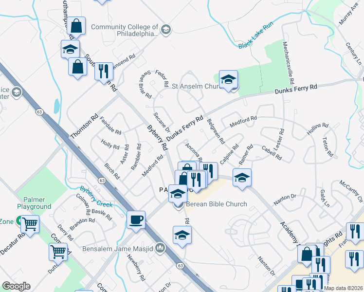 map of restaurants, bars, coffee shops, grocery stores, and more near 3203 Ancona Road in Philadelphia