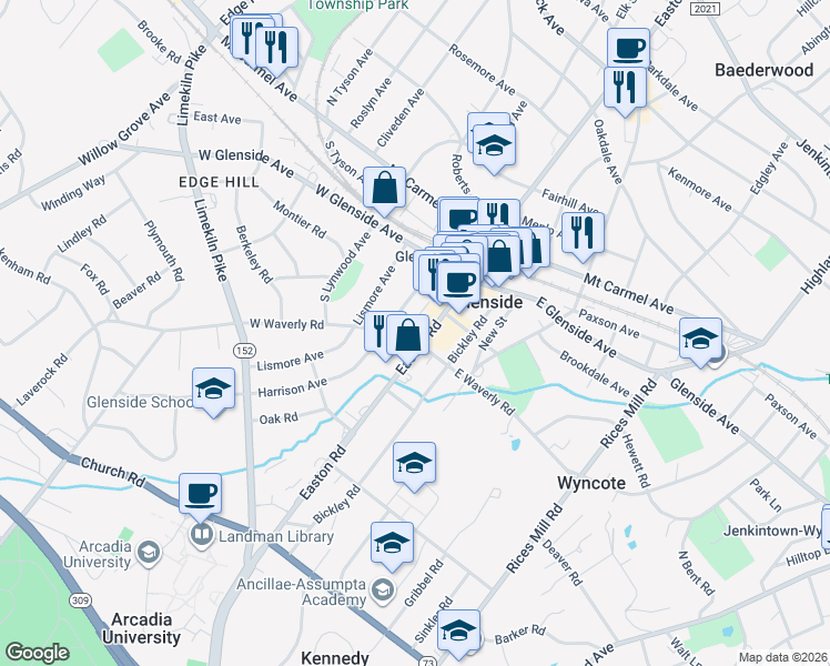 map of restaurants, bars, coffee shops, grocery stores, and more near 151 Harrison Avenue in Glenside