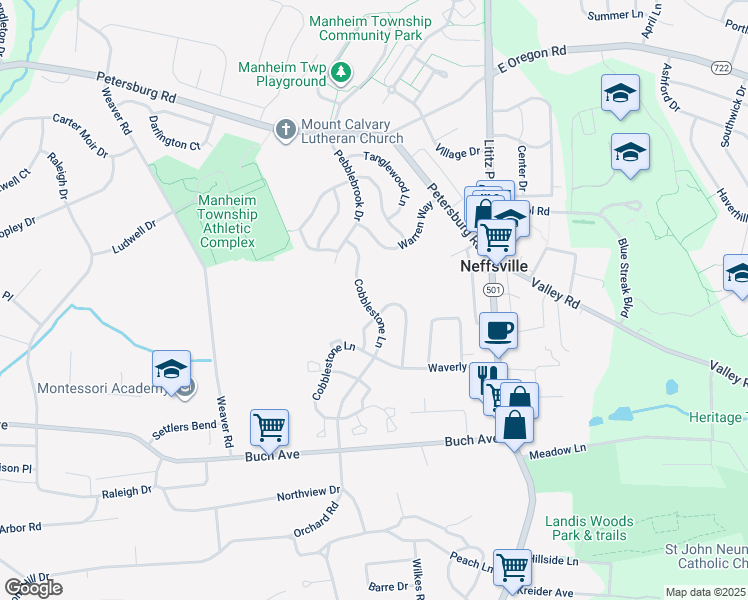 map of restaurants, bars, coffee shops, grocery stores, and more near 2761 Cobblestone Lane in Lancaster