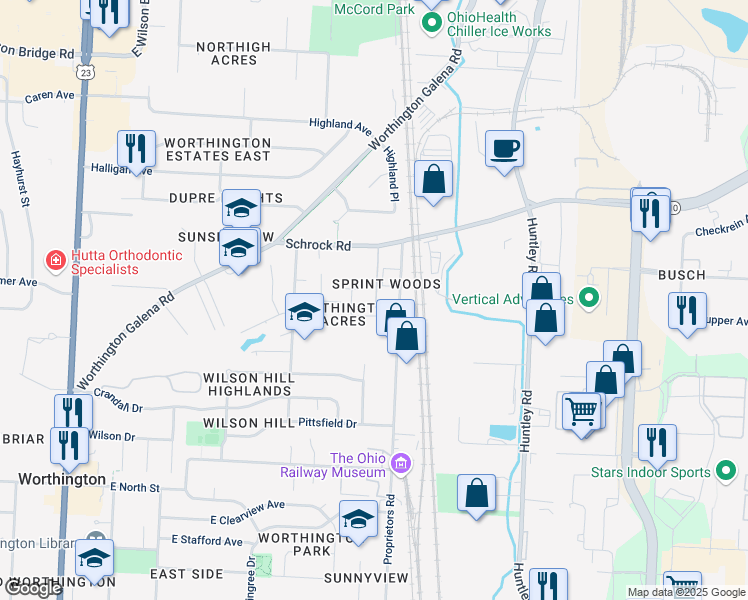 map of restaurants, bars, coffee shops, grocery stores, and more near 6541 Proprietors Road in Worthington