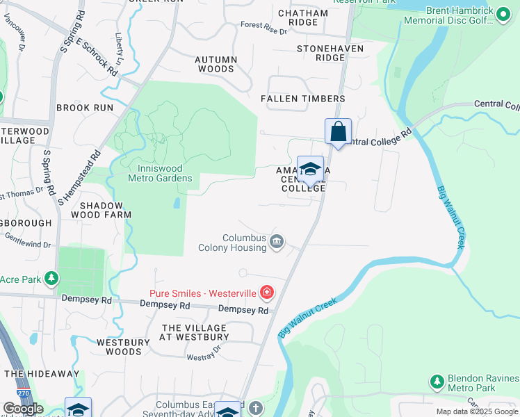 map of restaurants, bars, coffee shops, grocery stores, and more near 1135 Whitney Lane in Westerville