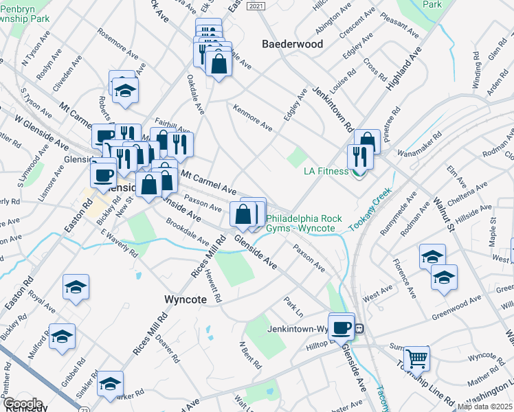 map of restaurants, bars, coffee shops, grocery stores, and more near 2037 Mount Carmel Avenue in Glenside