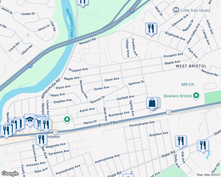 map of restaurants, bars, coffee shops, grocery stores, and more near 1708 Susan Avenue in Croydon