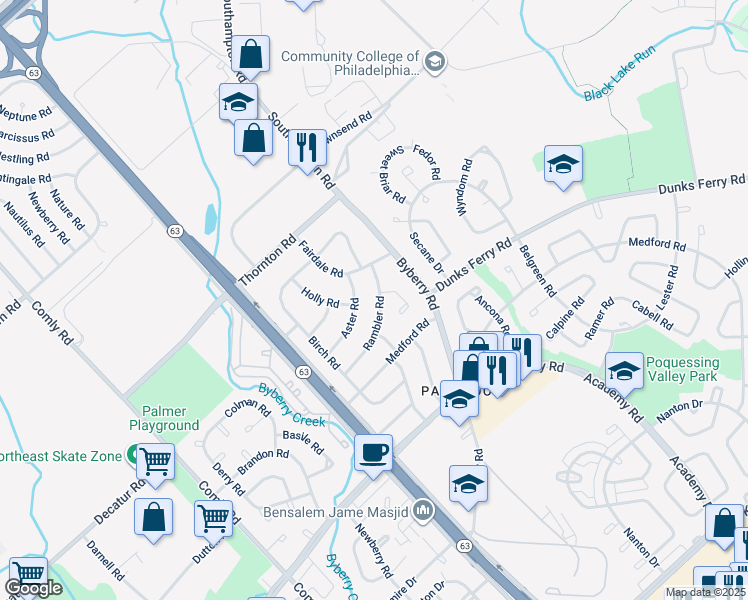 map of restaurants, bars, coffee shops, grocery stores, and more near 12230 Rambler Road in Philadelphia