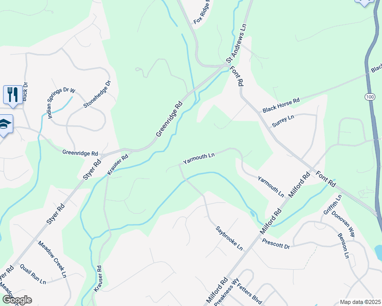 map of restaurants, bars, coffee shops, grocery stores, and more near 38 Yarmouth Lane in Downingtown