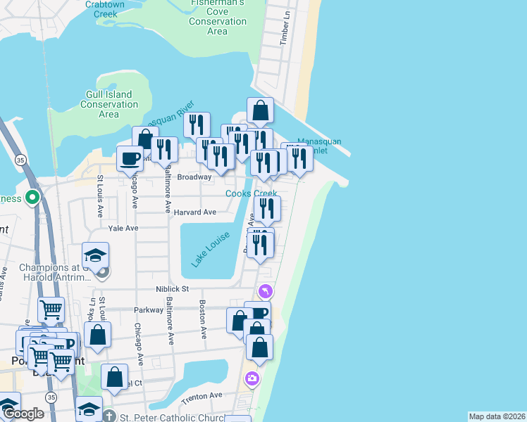map of restaurants, bars, coffee shops, grocery stores, and more near 112 Randall Avenue in Point Pleasant Beach