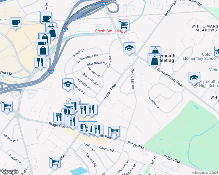 map of restaurants, bars, coffee shops, grocery stores, and more near 2098 Butler Pike in Plymouth Meeting