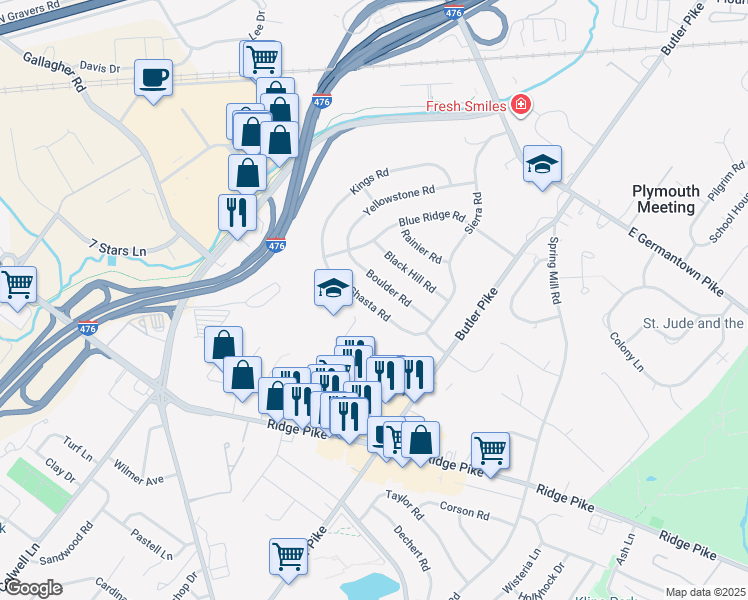 map of restaurants, bars, coffee shops, grocery stores, and more near 117 Boulder Road in Plymouth Meeting