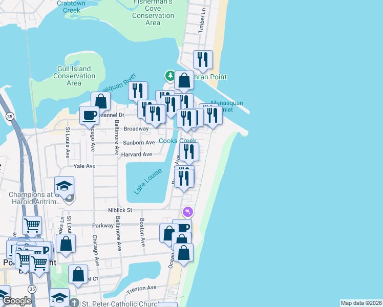 map of restaurants, bars, coffee shops, grocery stores, and more near 5 Bowling Green in Point Pleasant Beach