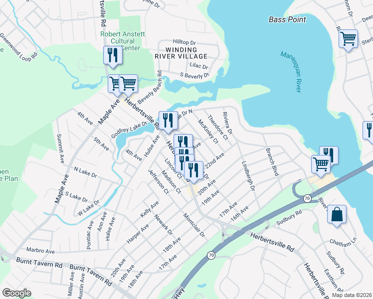 map of restaurants, bars, coffee shops, grocery stores, and more near 273 23rd Avenue in Brick
