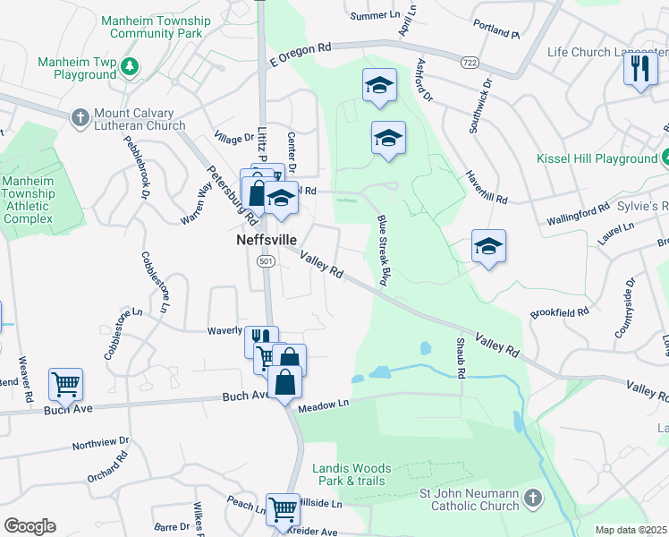 map of restaurants, bars, coffee shops, grocery stores, and more near 87 Valley Road in Neffsville