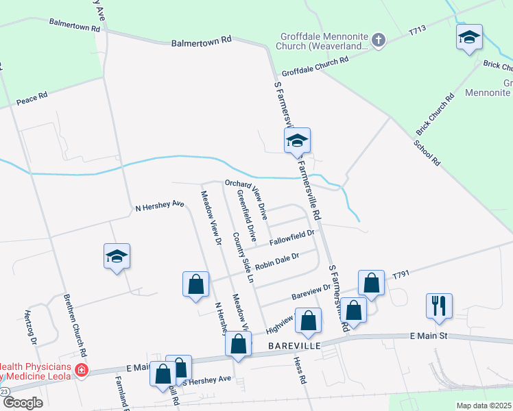 map of restaurants, bars, coffee shops, grocery stores, and more near 304 Orchard View Drive in Leola