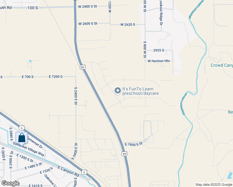 map of restaurants, bars, coffee shops, grocery stores, and more near 3513 South Mapleton Heights Drive in Springville