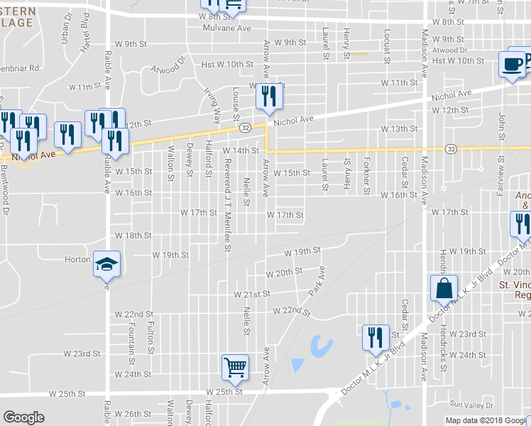 map of restaurants, bars, coffee shops, grocery stores, and more near 1699 Arrow Avenue in Anderson