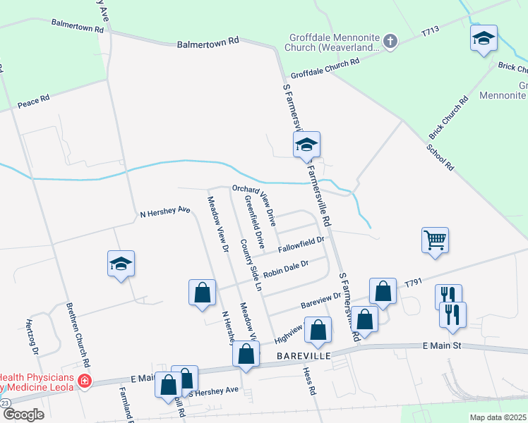 map of restaurants, bars, coffee shops, grocery stores, and more near 304 Orchard View Drive in Leola