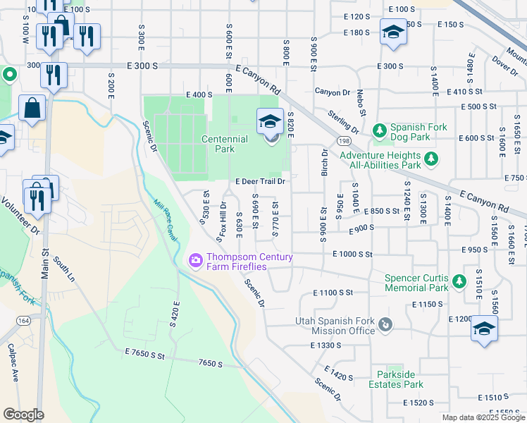 map of restaurants, bars, coffee shops, grocery stores, and more near East 810 South in Spanish Fork