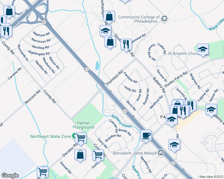 map of restaurants, bars, coffee shops, grocery stores, and more near 12109 Thornton Road in Philadelphia
