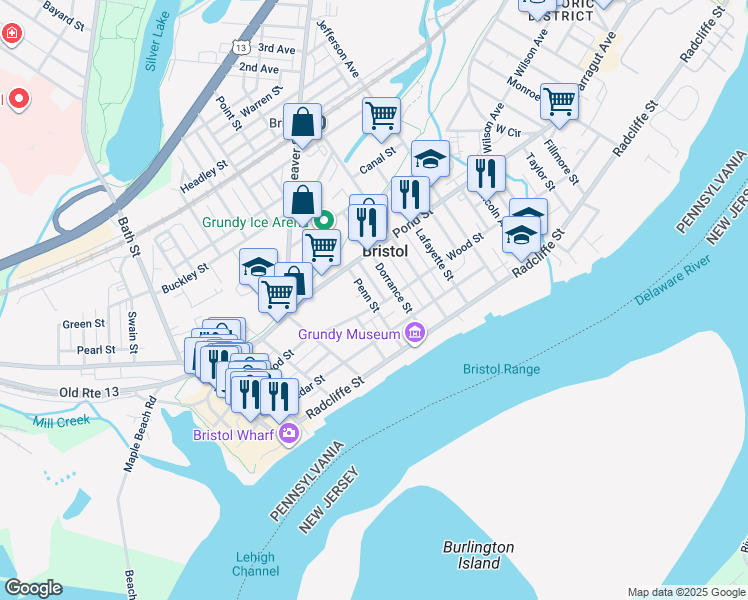 map of restaurants, bars, coffee shops, grocery stores, and more near 315 Penn Street in Bristol