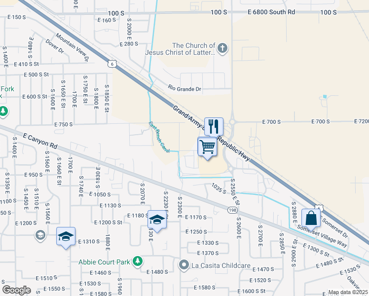 map of restaurants, bars, coffee shops, grocery stores, and more near 2303 East 830 South in Spanish Fork