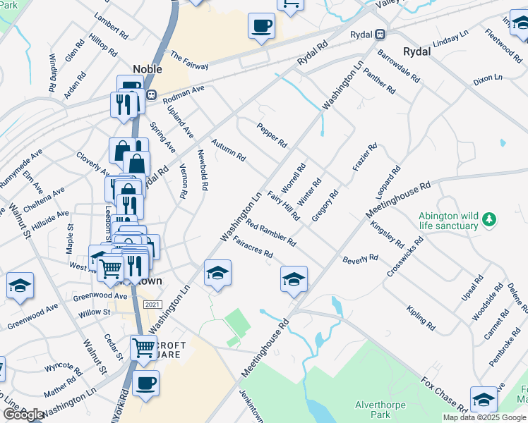map of restaurants, bars, coffee shops, grocery stores, and more near 751 Washington Lane in Rydal