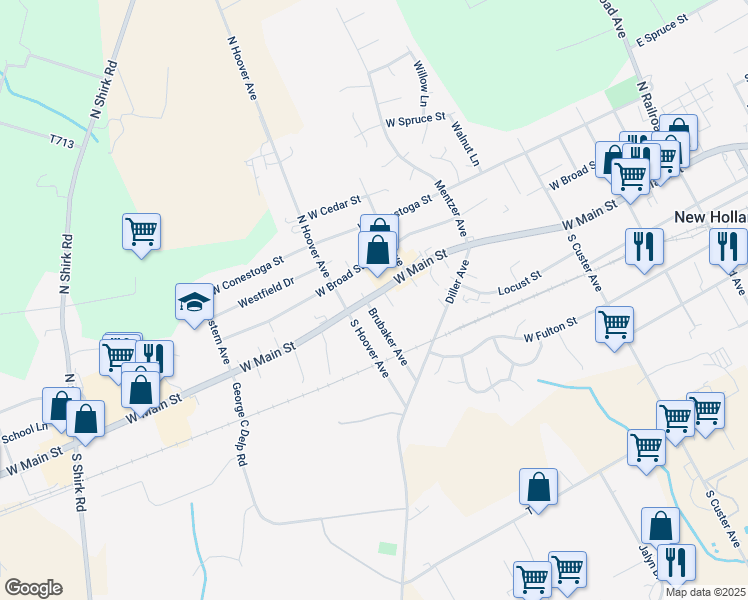 map of restaurants, bars, coffee shops, grocery stores, and more near 438 West Main Street in New Holland