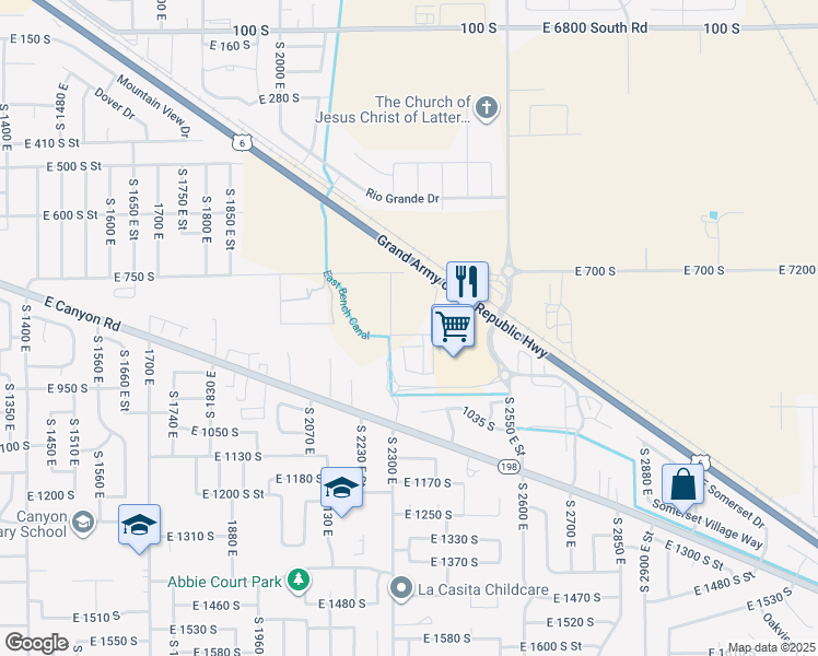 map of restaurants, bars, coffee shops, grocery stores, and more near 2303 East 830 South in Spanish Fork