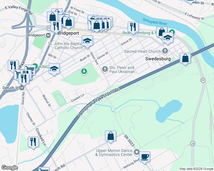 map of restaurants, bars, coffee shops, grocery stores, and more near 221 Flinthill Road in Bridgeport