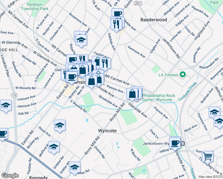 map of restaurants, bars, coffee shops, grocery stores, and more near 230 Paxson Avenue in Glenside