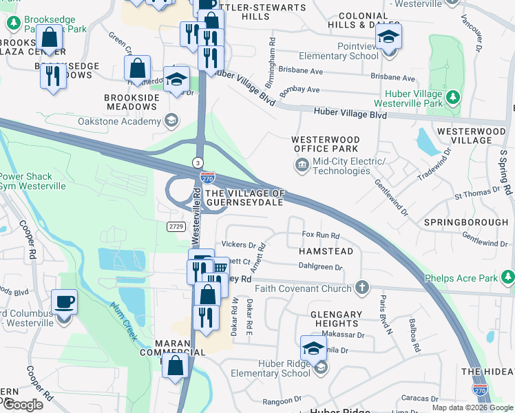 map of restaurants, bars, coffee shops, grocery stores, and more near 3338 Reno Road in Westerville