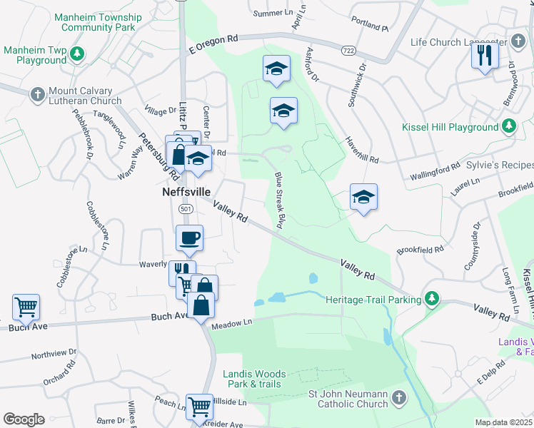 map of restaurants, bars, coffee shops, grocery stores, and more near 89 Valley Road in Lancaster