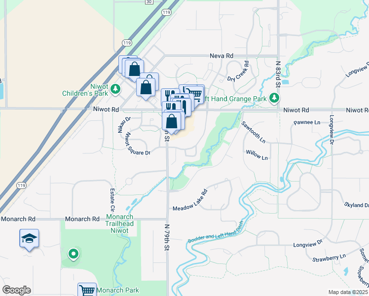 map of restaurants, bars, coffee shops, grocery stores, and more near 7955 Countryside Drive in Niwot