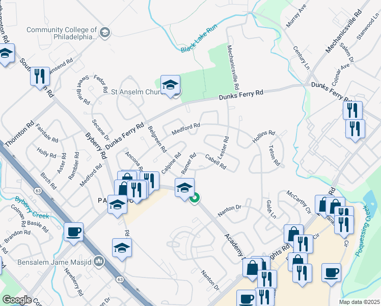 map of restaurants, bars, coffee shops, grocery stores, and more near 12702 Cabell Road in Philadelphia
