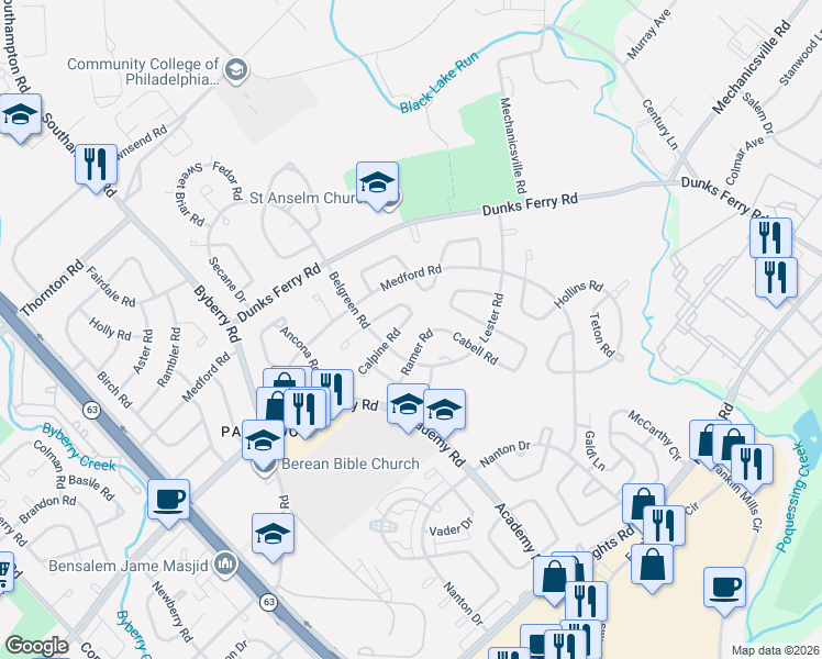 map of restaurants, bars, coffee shops, grocery stores, and more near 12618 Calpine Road in Philadelphia