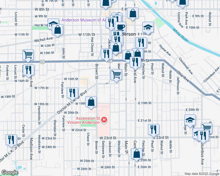 map of restaurants, bars, coffee shops, grocery stores, and more near 19 West 17th Street in Anderson