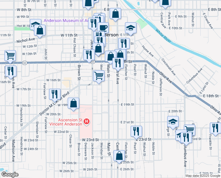map of restaurants, bars, coffee shops, grocery stores, and more near 1619 Main Street in Anderson