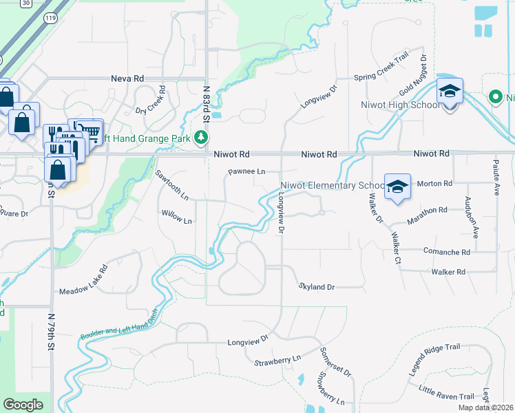 map of restaurants, bars, coffee shops, grocery stores, and more near 6910 Pawnee Way in Niwot