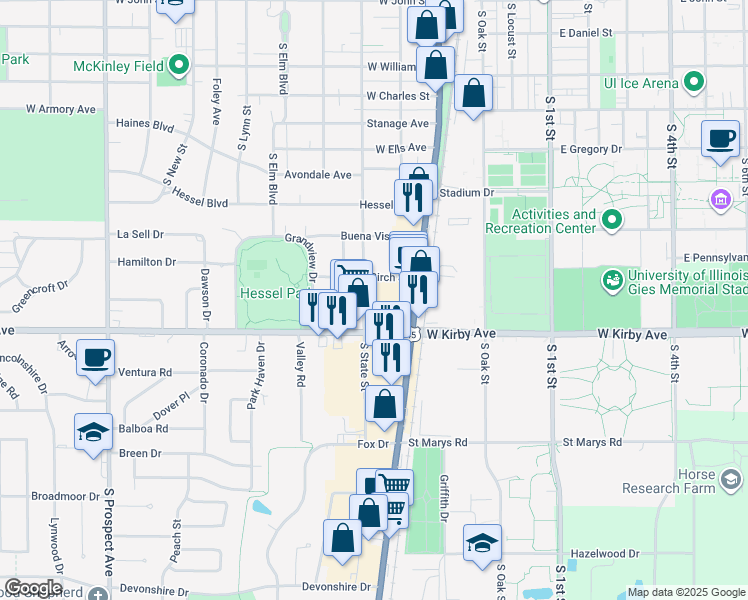 map of restaurants, bars, coffee shops, grocery stores, and more near 1501 South Neil Street in Champaign