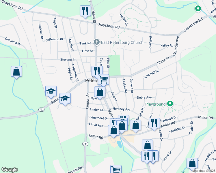 map of restaurants, bars, coffee shops, grocery stores, and more near 2 Cedar Street in East Petersburg
