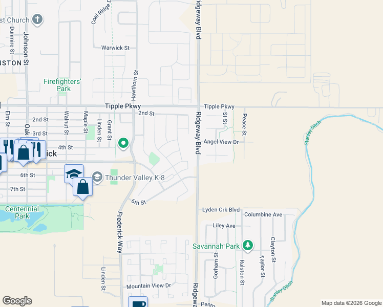 map of restaurants, bars, coffee shops, grocery stores, and more near 6728 Ponderosa Street in Frederick