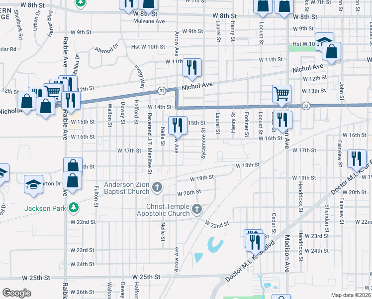 map of restaurants, bars, coffee shops, grocery stores, and more near 1610 Arrow Avenue in Anderson